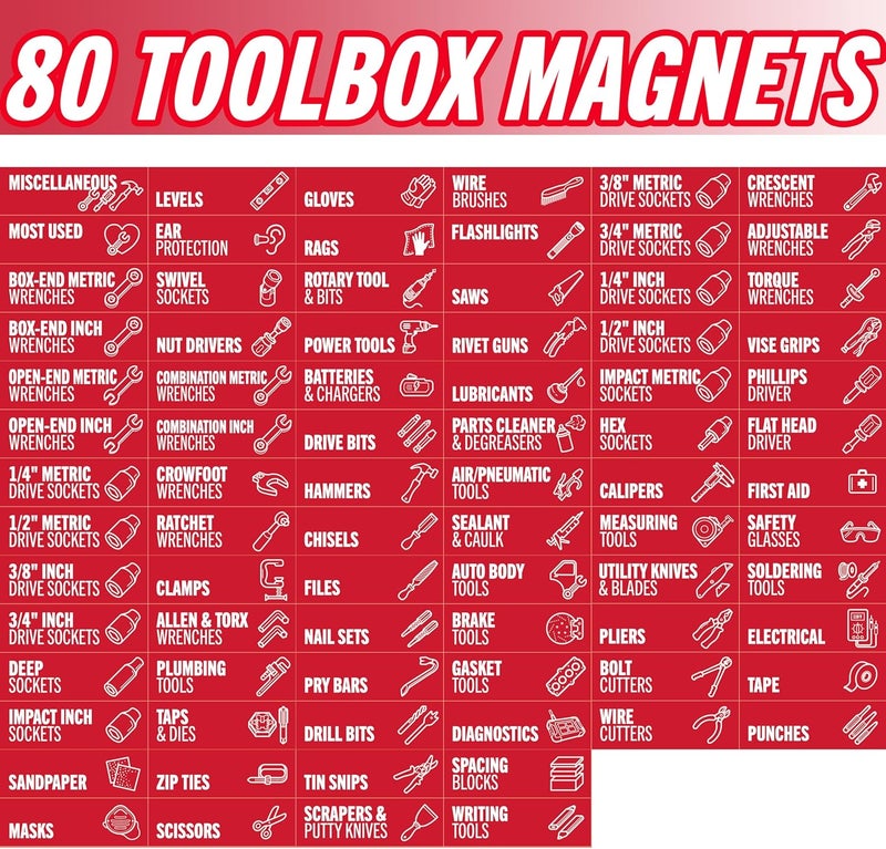 Itera Toolbox Organization Magnetic Labels - 80 Large, Tool Chest Organizer Labels with Strong Magnets & Easy to Read Printing - Fits All Brands of Steel Tool Box Drawers (Red 3.125 x 1.0 Inches) - Image 2
